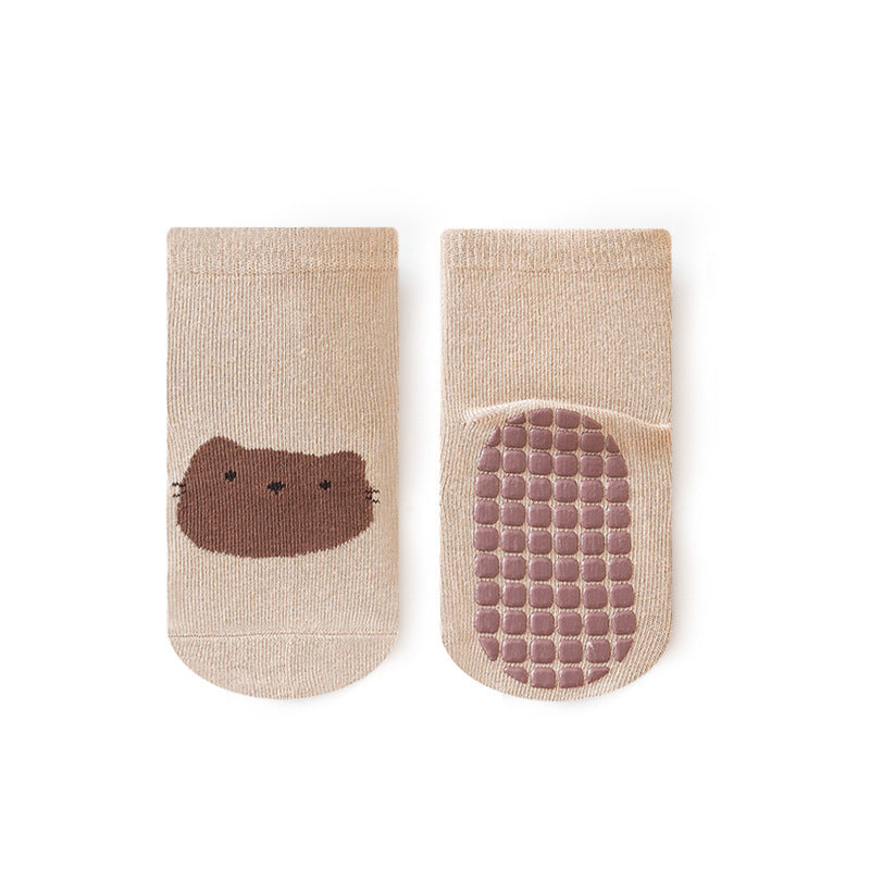 Baby Non-Slip Socks – Soft Cotton Indoor Grip Socks Dark Beige Cat