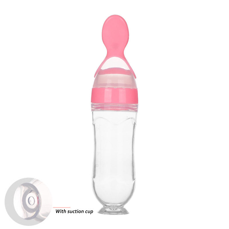 Squeeze Feeding Bottle – Silicone Baby Feeder with Spoon Pink B