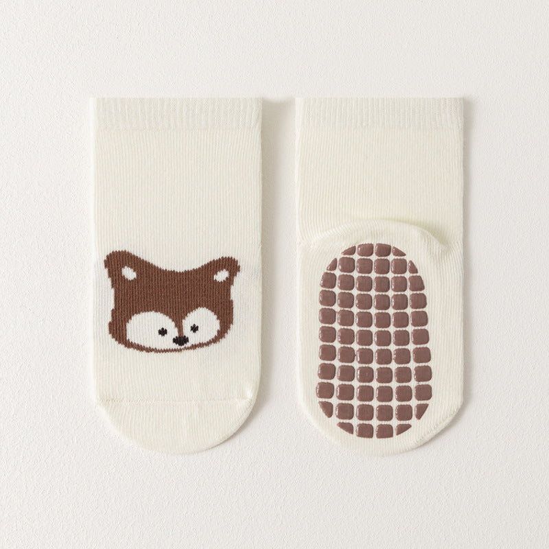 Baby Non-Slip Socks – Soft Cotton Indoor Grip Socks Beige White Fox