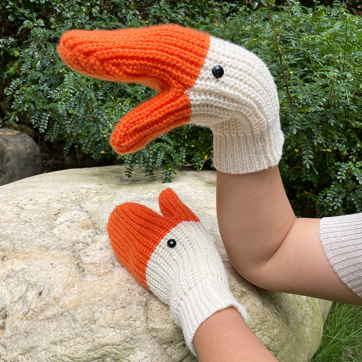 Wool Mittens – Unisex Knitted Cold-Proof Winter Gloves Orange White Color Matching Free Size