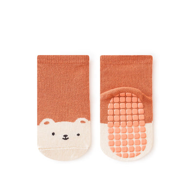 Baby Non-Slip Socks – Soft Cotton Indoor Grip Socks Brick Red Bear