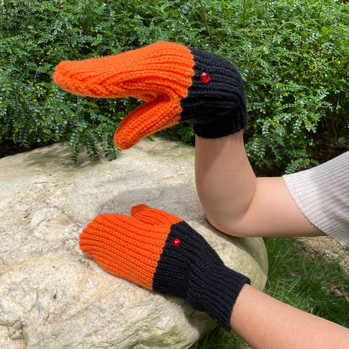 Wool Mittens – Unisex Knitted Cold-Proof Winter Gloves Orange Black Color Matching Free Size